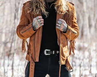 Herren Western-Cowboy-Lederjacke Mit Fransen, Indianer-Wildleder, Perlen, Traditioneller Ledermantel, Hellbraun, Hellbraun, 5XL Groß