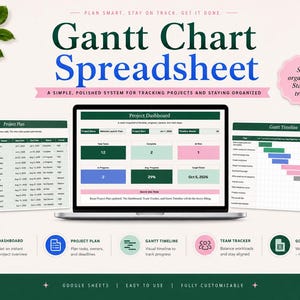 Könnte beinhalten: Eine digitale Gantt-Diagramm-Tabelle auf einem Laptop-Bildschirm mit Projekt-Dashboard, Projektplan und Zeitstrahl. Die Benutzeroberfläche verwendet eine Farbpalette aus Dunkelgrün, Hellrosa und Blau mit Textbeschriftungen für das Projektmanagement.