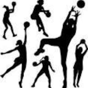 Puede incluir: Siluetas de seis mujeres jugando al netball. Las mujeres están en varias poses, algunas están lanzando la pelota, otras la están atrapando y una está saltando para un tiro.