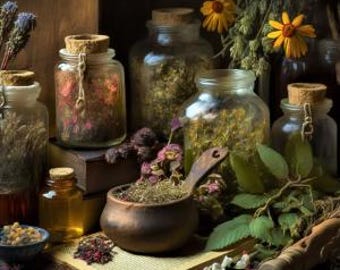 May include: A still life arrangement of apothecary jars filled with dried herbs and flowers. The jars have cork stoppers and are arranged with a wooden spoon, open book, and small bowls. The color palette is earthy, with greens, browns, and yellows.