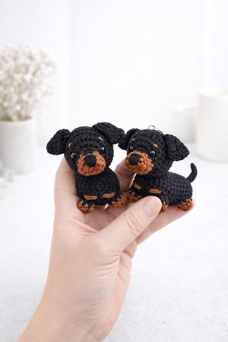 Op de afbeelding: Twee handgemaakte gehaakte teckelpuppy's. De honden zijn zwart met bruine accenten op hun snuit, poten en oren. Ze hebben kleine, zwarte ogen en zitten rechtop. De puppy's zijn ongeveer 8 cm hoog.