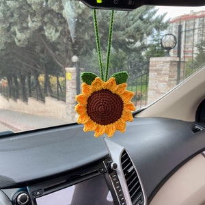Handmade Crochet Sunflower Car Charm: Boho Car Mirror Ornament