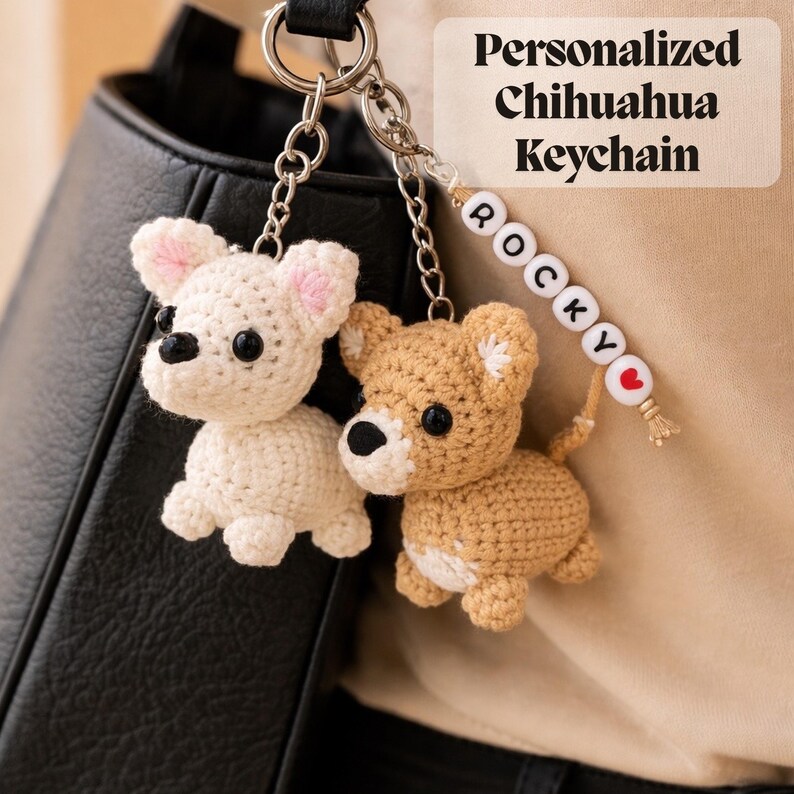 Op de afbeelding: Twee gehaakte Chihuahua sleutelhangers, &eacute;&eacute;n cr&egrave;me en &eacute;&eacute;n bruin, met zwarte ogen en roze accenten. De bruine sleutelhanger heeft een kralen naamlabel met de tekst "ROCKY" met een rood hart. De tekst op de afbeelding luidt "Personalized Chihuahua Keychain".