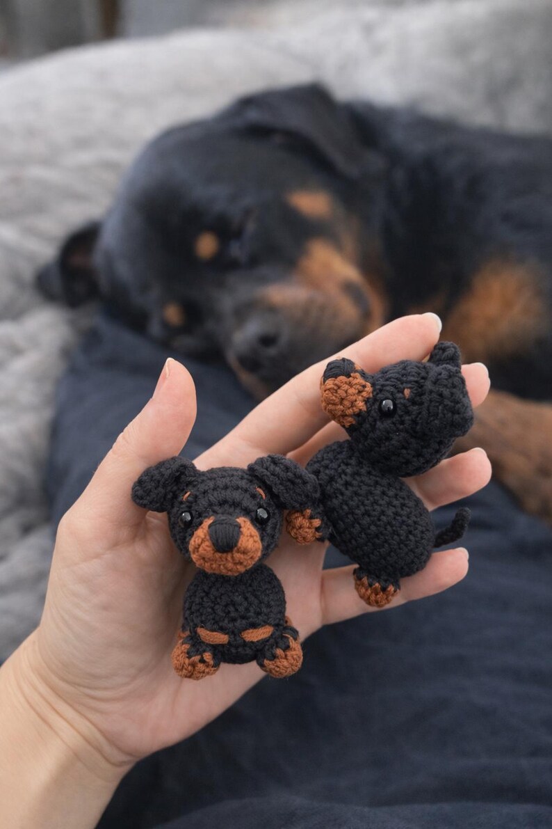 Op de afbeelding: Twee kleine, zwart-bruine gehaakte hondenbeeldjes. De honden hebben bruine poten, oren en snuiten. Op de achtergrond is een slapende Rottweiler-hond te zien.