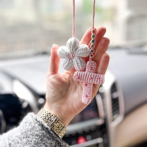 Personalized Cross Car Ornament - Spiritual Rearview Mirror Decor - Girly Pink Car Charm