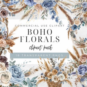 Clipart fleurs Boho aquarelle, clipart floral Boho, herbe de la pampa PNG, fleurs de mariage, couronnes de Bohème aquarelle, bouquet de roses bohème