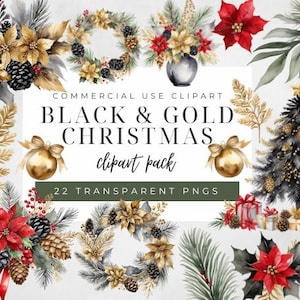 Clipart de árvore de Natal em aquarela, buquês florais de Natal em preto e dourado, guirlandas festivas em aquarela, cartões de Natal, clipart de feriado PNG