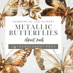 Metallic vlinderclipart, glanzende vlinder- en bloemenafbeeldingen, insecten-png, folievlinders en bloemen, commercieel gebruik, digitaal plakboek