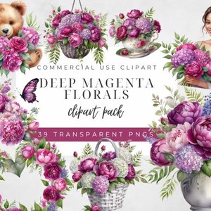 Aquarell Magenta Floral Clipart. Fushia Blumen PNG. Rosa Pfingstrose Hochzeitssträuße, Aquarell Pfingstrosen Clip Art, Blumenkorb, Muttertag