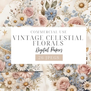 Confezione di carta digitale floreale pastello, sfondo celeste vintage, stelle lunari JPEG, scrapbooking rosa margherita stampabile, regalo di biglietti di nozze con fiori