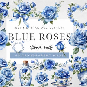40 rosas azuis PNG, buquês de clipart de rosas em aquarela, grinaldas e vasos de rosas em aquarela, uso comercial, clipart floral de casamento, álbum de recortes