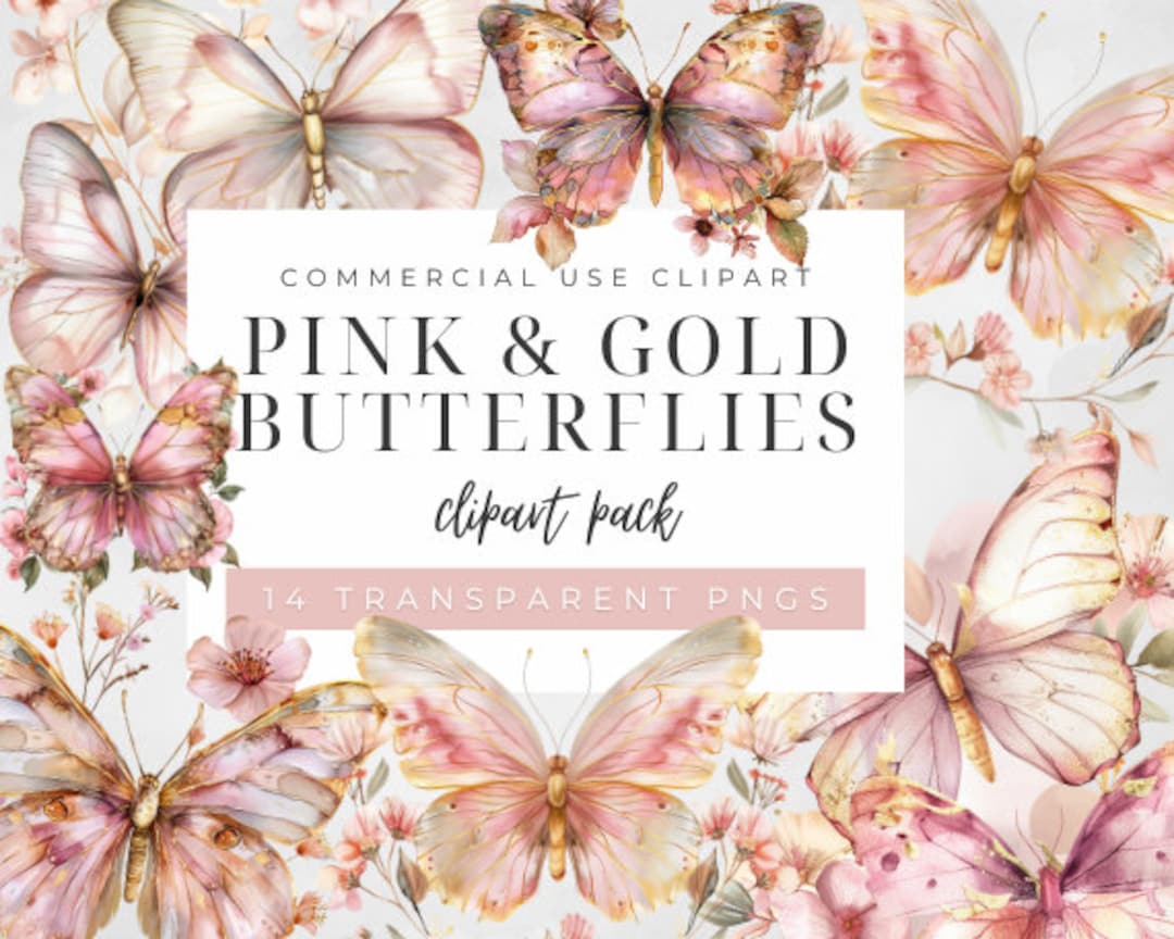 Watercolor Butterfly Clipart, Pink and Gold Butterflies, Watercolour ...