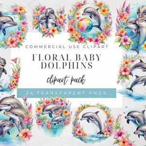 Aquarell Blumen Baby Delphin Clipart, Aquarell Meer Leben PNG, Meerestier Clip Art, helle Blumen, Meeressäugetier Grafiken, Scrapbooking
