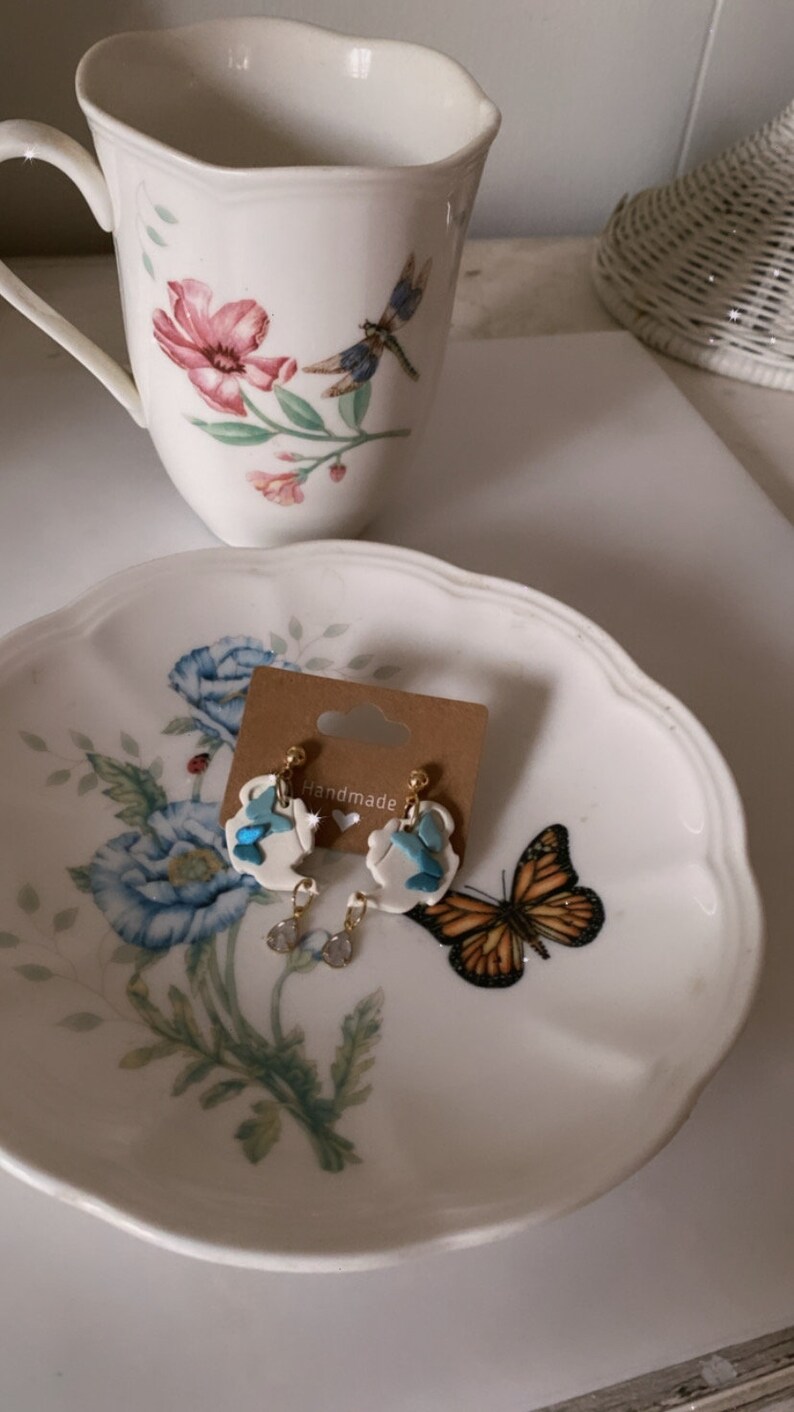 Butterfly Teapot Dangle Earrings Polymer Clay Teapot Earrings Butterfly