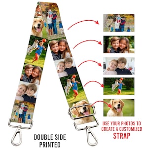 May include: A double-sided printed strap with photos, featuring images of people and a dog. The strap has silver-colored metal clasps and the text "DOUBLE SIDE PRINTED". The strap is designed to be customized with your photos.