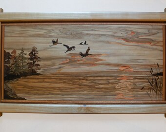 Marquetry wall art, Wood mosaic, Cranes in sunset, Landscape Wall decor, Wood inlay, Wall Hanging, Wood Art, Intarsia, Living room wall art