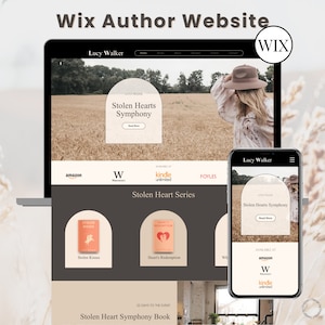Op de afbeelding: Een laptop en een mobiele telefoon die een website voor Lucy Walker, een auteur, weergeven. De website toont een foto van een vrouw in een veld, en de tekst "Stolen Hearts Symphony" wordt op beide apparaten weergegeven. De website bevat ook links om het boek te kopen bij Amazon, Waterstones en Kindle Unlimited.
