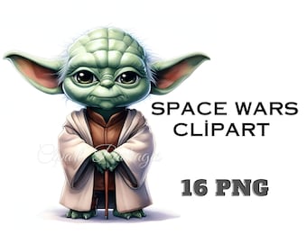 Clipart Space Wars, 16 PNG, styl Chibi, idealny na zaproszenia na imprezę, sztukę ścienną, kartki urodzinowe i dekoracje - natychmiastowe pobranie