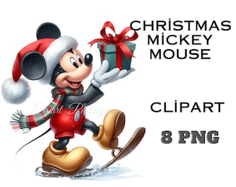 Christmas Mickey Mouse, 8 PNG Mickey Mouse png files,Transparent Background,Mickey Mouse images,Mickey Mouse clipart,Mickey svg, watercolor