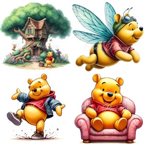 Op de afbeelding: Een verzameling illustraties met Winnie de Poeh in verschillende poses. E&eacute;n afbeelding toont Poeh bij een boomhut, een andere met bijenvleugels en nog twee in casual outfits, waarvan &eacute;&eacute;n op een roze fauteuil zit.