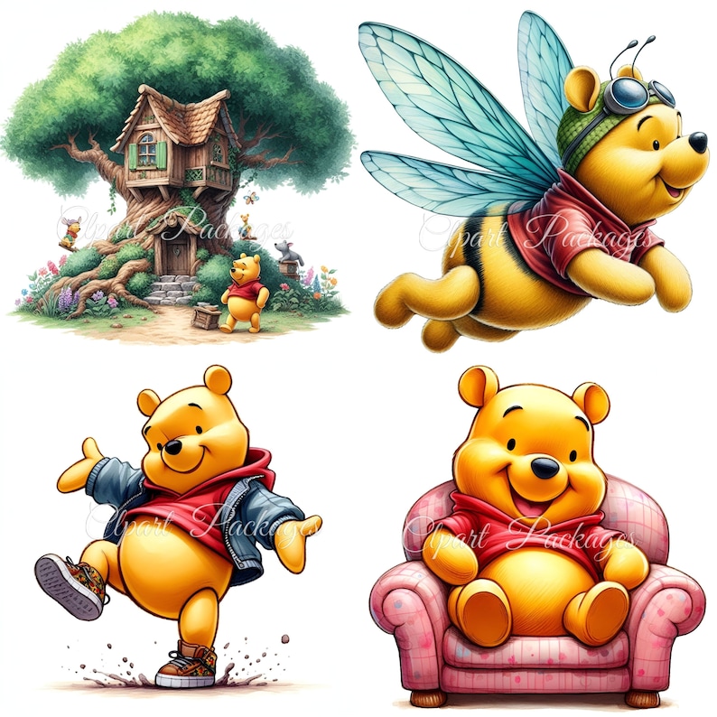 Op de afbeelding: Een verzameling illustraties met Winnie de Poeh in verschillende poses. E&eacute;n afbeelding toont Poeh bij een boomhut, een andere met bijenvleugels en nog twee in casual outfits, waarvan &eacute;&eacute;n op een roze fauteuil zit.