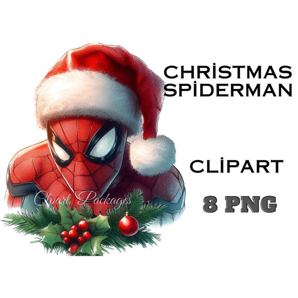 Christmas Spiderman Clipart 8 PNG Digital Images for for Holiday Projects, T-Shirts, Posters, and More, Watercolor Clipart