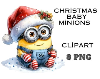 Christmas Baby Minions 8 PNG Clipart - Christmas Sublimation, Cutting Off, Minions Prints, Santa Claus, Ready to Print, Watercolor Clipart