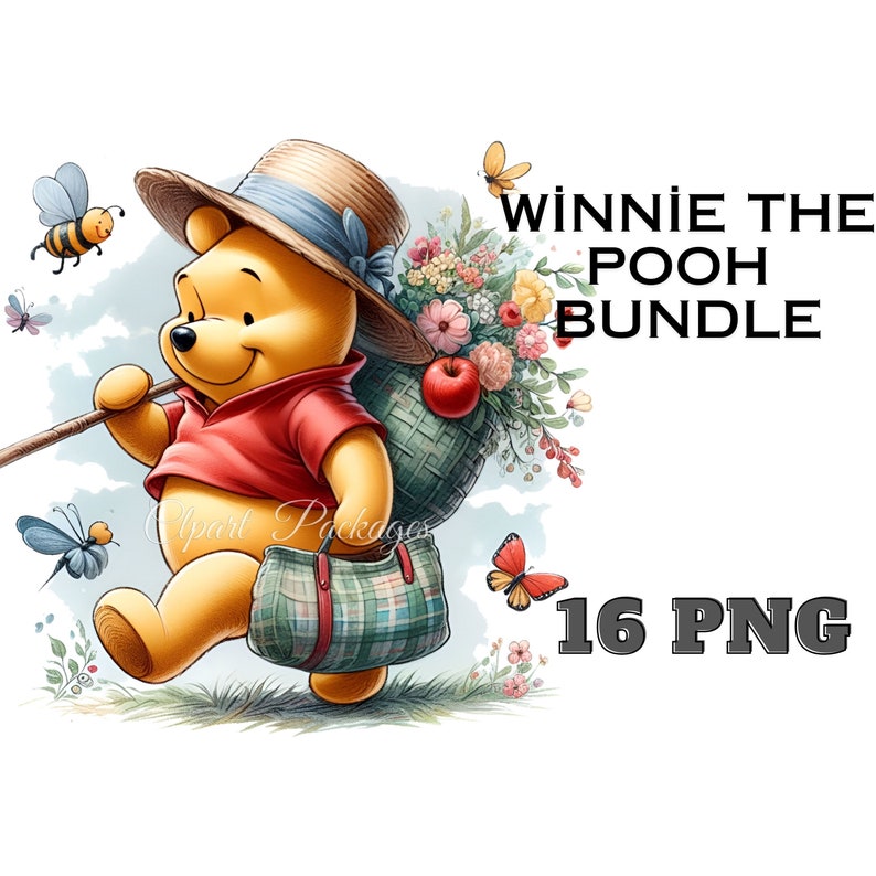 Op de afbeelding: Digitale illustratie van Winnie de Poeh, gekleed in een rood shirt en strohoed, met een tas vol bloemen en een appel. De afbeelding bevat vlinders, bijen en de tekst "Winnie the Pooh Bundle 16 PNG".