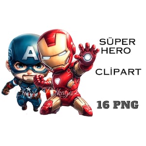 Chibi Style Super Hero Aquarell Cute Clipart - Set von 16 hochauflösenden PNGs für bezaubernde heldenhafte Designs und lustige Bastelprojekte