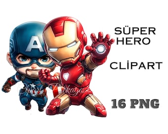 Chibi Style Super Hero aquarel schattige clipart - Set van 16 hoge resolutie PNG's voor schattige heroïsche ontwerpen en leuke knutselprojecten