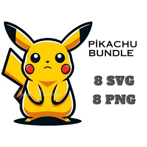 Op de afbeelding: Een geel Pikachu-tekenfilmfiguur met rode wangen en zwarte ogen. De tekst "PIKACHU BUNDLE" staat in zwarte tekst. Onder de tekst staat "8 SVG" en "8 PNG" in grijze tekst.
