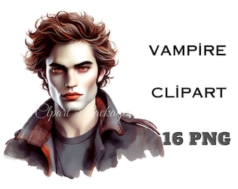 May include: A digital illustration of a vampire with red eyes and a dark brown leather jacket. The image is labeled "Vampire Clipart 16 PNG".