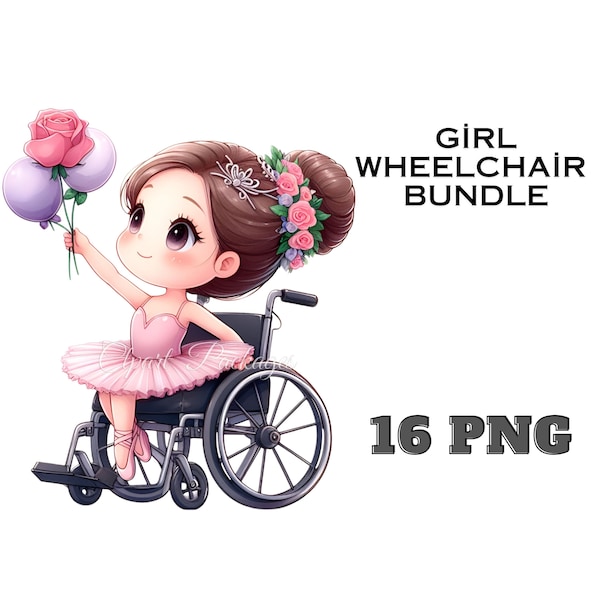 16 PNG Ballerina in a Wheelchair Clipart, Chibi Style Girl Dancer Clipart, Girl Birthday Clipart, Ballerina Stickers, Digital Unique Design