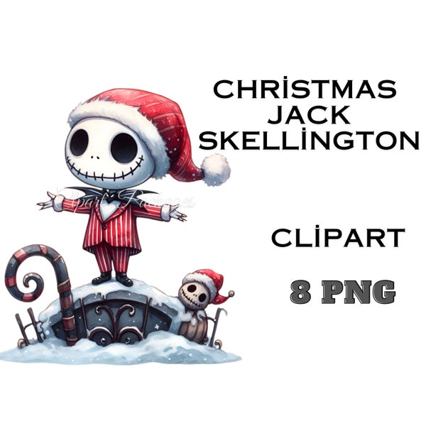 Christmas Jack Skellington Clipart 8 PNG Digital Images for for Holiday Projects, T-Shirts, Posters, and More, Watercolor Clipart