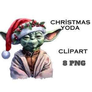 Weihnachten Yoda Clipart - Set aus 8 PNG Digitalbildern für Urlaubsprojekte, T-Shirts, Poster und weitere festliche Aquarell-Clipart-Sammlung