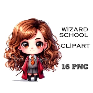 Chibi Wizard School Clipart, acuarela linda bruja ilustración pegatina uso Kawaii Wizarding School 16 PNG Magic Bundle Movie Magic School