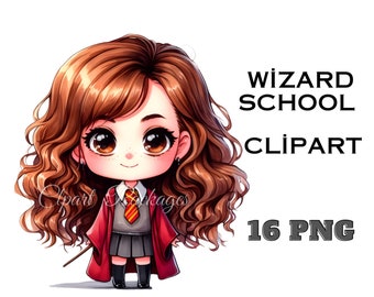 Chibi Wizard School Clipart, Watercolor Cute Witch Illustration Sticker Use Kawaii Wizarding School 16 PNG Magic Bundle Movie Magic School