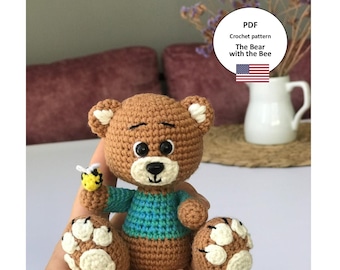 Modèle au crochet ours en peluche, modèle au crochet ours avec une abeille, jouet tutoriel PDF, modèle petit ours