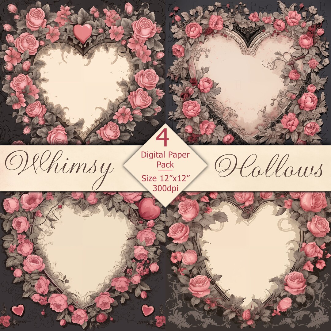 12"x12" HD DIGITAL Printable Shabby Chic Gothic Hearts and Roses Four ...