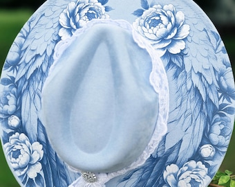 Wings of Grace Baby Blue Rancher Hat, Angel Wing and Pearl Peony Hat, Boho Western Cowgirl Hat with White Lace