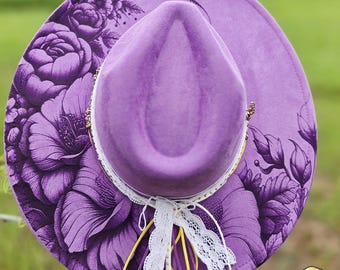 Enchanted Butterfly Garden Purple Rancher Hat, Floral Engraved Cowgirl Hat with Removable Lace and Beaded Bands
