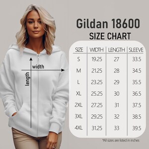 May include: Size chart for Gildan 18600 hoodies, showing measurements in inches for width, length, and sleeve length for sizes S through 4XL.