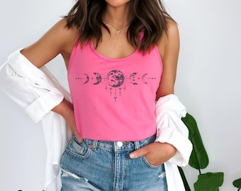 Boho Moon Phases Racerback Tank Top, Celestial Dreamcatcher Shirt, Witchy Moon Tank, Women's Yoga & Workout Tank, Lunar Gift