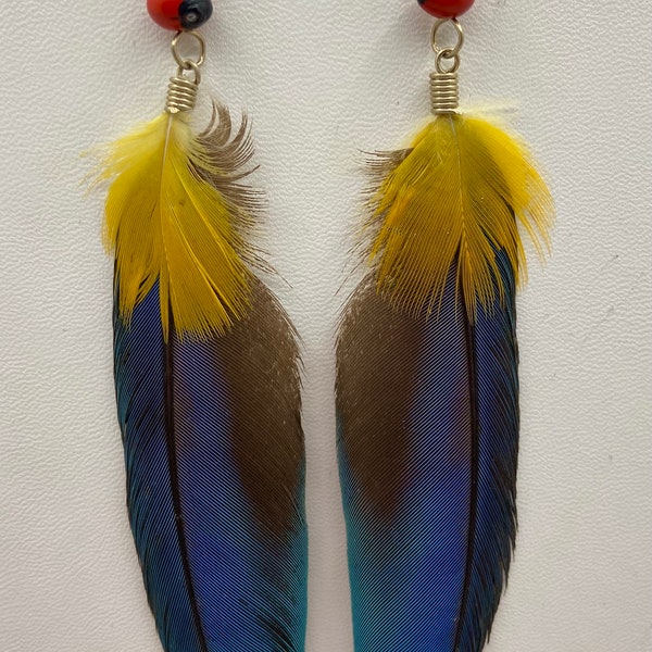 Boucles d'oreilles Shipibo péruviennes faites main - Huayruro et plumes de perroquet colorées d'Amazonie - EF3