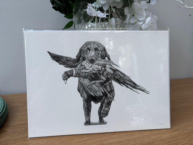 K&ouml;nnte beinhalten: Schwarz-Wei&szlig;-Zeichnung eines Hundes, der einen Vogel tr&auml;gt. Der Hund, wahrscheinlich ein Retriever, ist in Bewegung dargestellt. Das Kunstwerk f&auml;ngt die Textur des Fells des Hundes und des Gefieders des Vogels vor wei&szlig;em Hintergrund ein.