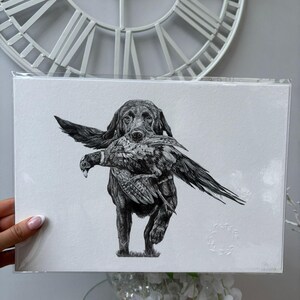 K&ouml;nnte beinhalten: Schwarz-Wei&szlig;-Illustration eines Hundes, der ein Fasan tr&auml;gt. Die detaillierte Federzeichnung zeigt den Hund mit dem Vogel im Maul. Das Kunstwerk befindet sich auf wei&szlig;em Papier.