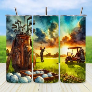 Golf Tumbler Wrap PNG, Textured Canvas Golfer Landscape 20oz Skinny Sublimation Design for Dad Gift, Instant Digital Download