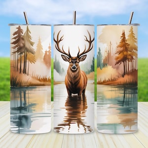 Hunting Deer Tumbler Wrap PNG, Wilderness Whitetail Buck 20oz Skinny Sublimation Design for Outdoorsman Gift, Instant Digital Download