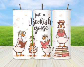 Book Lover Tumbler Wrap PNG 20oz Skinny Digital Goose Reading Cozy Sublimation Fall Gift Teacher Librarian Animal Funny Book Club Drinkware