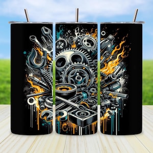 May include: Three black stainless steel tumblers with a detailed illustration of gears, spanners, and flames. The design features a mechanic theme with a vibrant colour palette of orange, teal, and silver. Each tumbler has a silver straw.